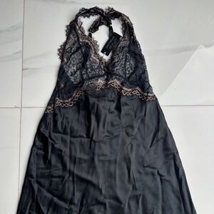 NWT Black Slip Nightgown Real Silk Lace Embroidered Black Gold S
